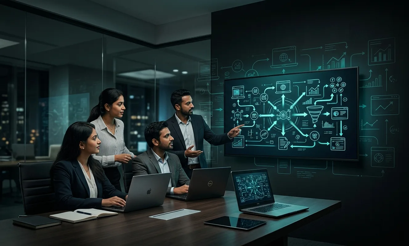 Premium digital marketing workspace with strategy screens